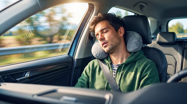 Man sleeping in passenger seat of moving car with neck cushion. Young male traveler resting during road trip. Travel fatigue and comfort while riding vehicle. Transportation safety concept