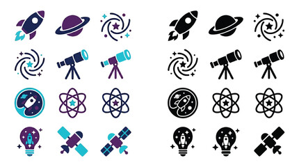Collection of colorful and black and white space-themed icons including rockets, planets, telescopes, and satellites. © melin