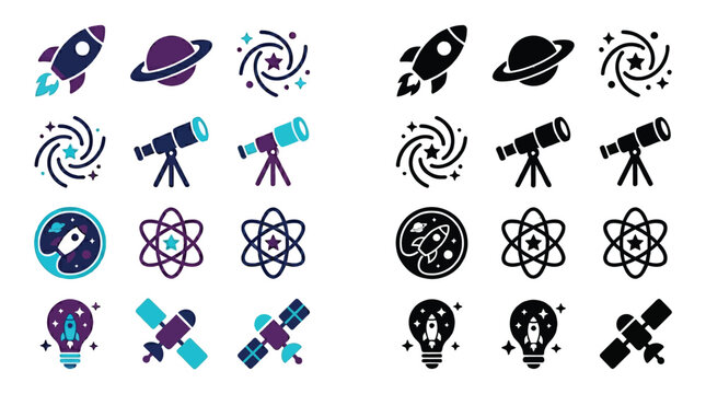 Collection of colorful and black and white space-themed icons including rockets, planets, telescopes, and satellites.