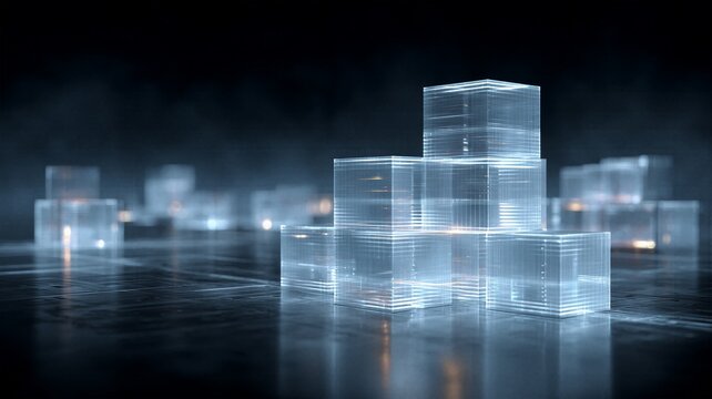 Transparent glowing digital glass blocks on a reflective surface representing structural database server architecture blockchain networks and modern technological server systems