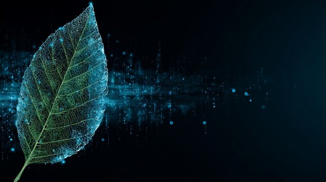 Green illuminated digital leaf macro structure with glowing binary data streams and matrix codes representing bioengineering agricultural technology and green computing concepts