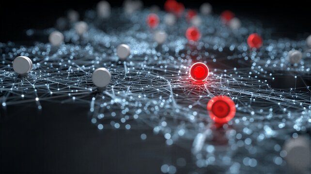Abstract digital network node connection surface with glowing red alert indicators representing cyber security threats firewall breaches and server vulnerability