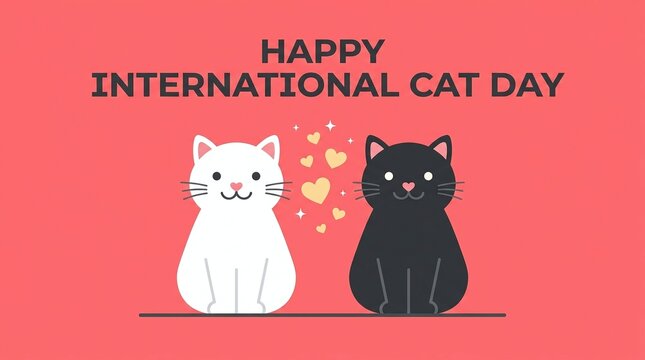 Happy international cat day illustration with cute white and black cats