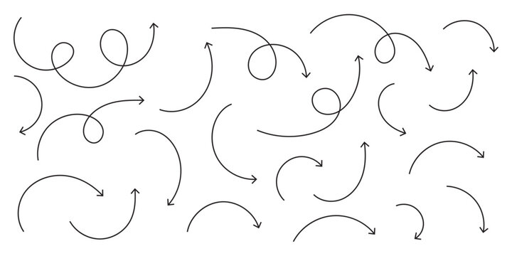 Collection of hand drawn doddle arrow set. Set of brush stroke of curly arrow collection. Sketch curved arrows design.