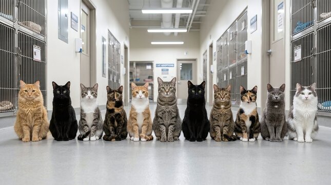 Ten diverse cats sitting in a row in an animal shelter hallway