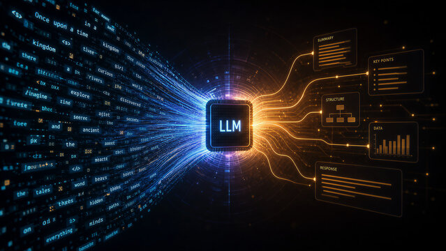 LLM large language model processor chip with streaming code data and glowing circuit connections on dark technology background