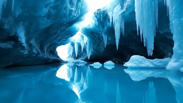 Glowing blue interior of a glacial ice cave with hanging icicles and stalactites reflected in a calm pool of water, illuminated by natural light from an opening in the ice.