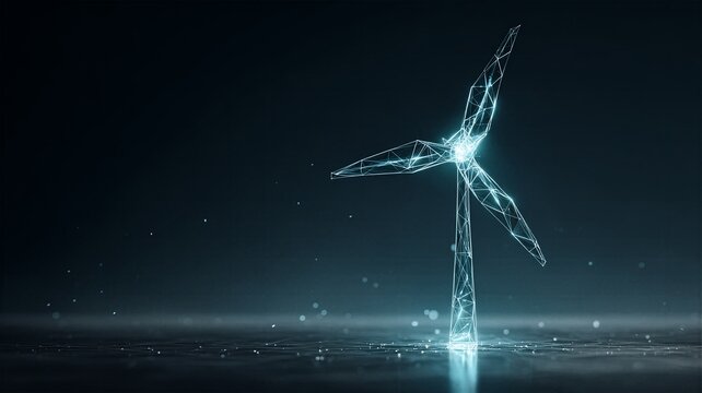 Glowing digital wireframe wind turbine on a dark reflective surface representing clean energy concepts sustainable power generation and smart grid technology