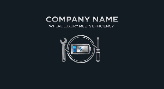 Company logo with tools and electronics.