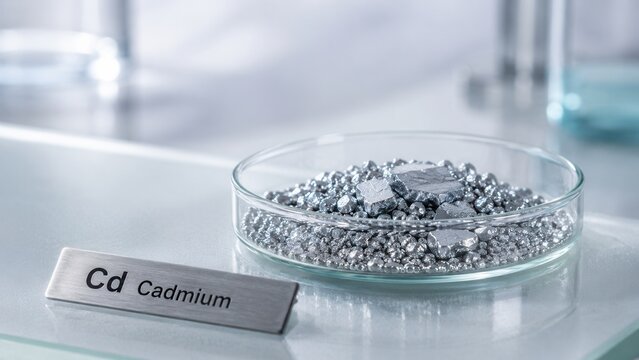 Cadmium sample displayed in a lab setting with clear identification and metallic pieces arranged in a dish on a lab countertop