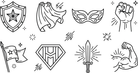 Superhero elements doodle icon set with shield cape mask fist flag diamond emblem sword and strong biceps muscle © vector design 
