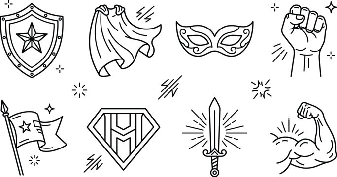 Superhero elements doodle icon set with shield cape mask fist flag diamond emblem sword and strong biceps muscle