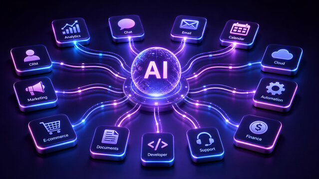 AI technology hub diagram with connected service icons for business automation, cloud, coding and digital tools on dark background