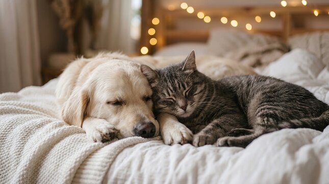 Golden retriever dog and tabby cat sleeping together on cozy bed