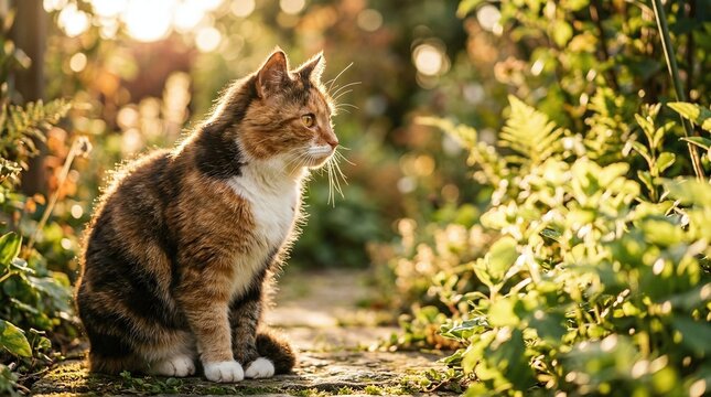 A beautiful calico cat sitting in a sunlit garden