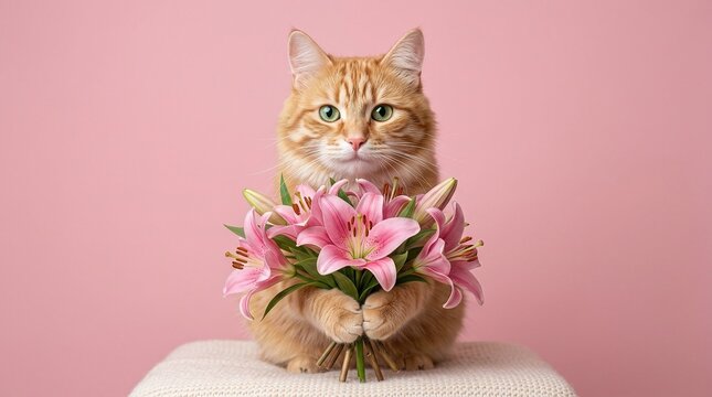 Adorable ginger cat holding a bouquet of pink lilies on pink background
