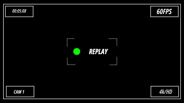  video camera replay screen overlay preview with timer on a transparent background, Video replaying template with REPLAY icon for video cameras, 4k camcorder interface,recording camera screen interfac