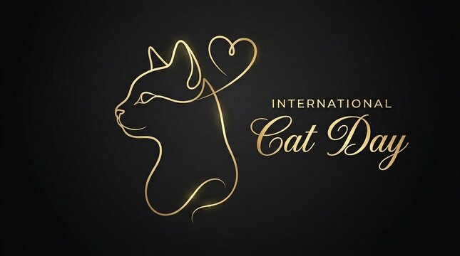 International cat day golden line art illustration on black background