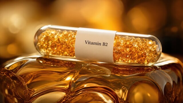 Golden vitamin B2 capsule placed on a shiny surface with warm colors reflecting off the background and the capsule