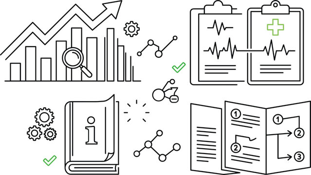 Healthcare and business data analysis line icon set with medical charts information guide book manual process workflow elements