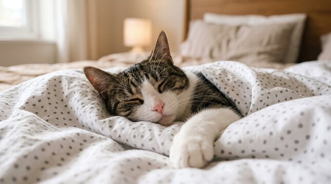 A cute tabby cat sleeping peacefully under a polka dot blanket in bed