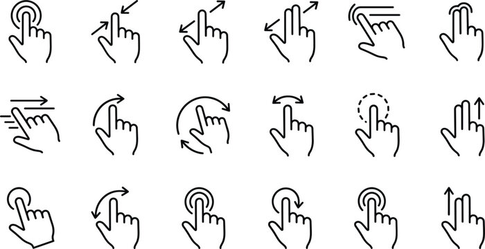 Touchscreen hand gestures line icon set with tap swipe pinch zoom scroll rotate multi touch finger interface navigation