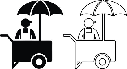Professional street food cart vector icons featuring a solid black silhouette and a clean outline design, ideal for mobile vending, market stalls, and catering service business graphics. © Shah Hasanuzzaman