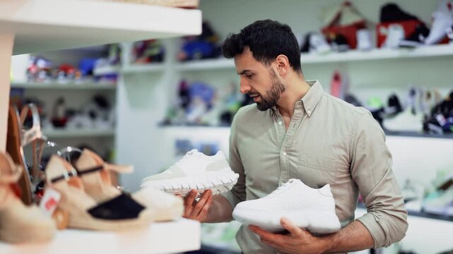 Portrait of positive adult man buying sneakers during shopping in shoe shop. High quality 4k footage