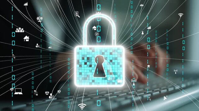 This image features a glowing padlock symbol representing digital security and data protection amidst a backdrop of binary code and various technology icons. Xenic