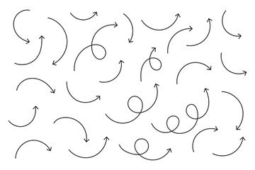 Hand drawn thin line arrows set. Many vector curvy arrow set ©  