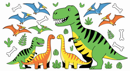 Cute Cartoon Dinosaur Vector Illustration Featuring T-Rex Brontosaurus Pterodactyl and Prehistoric Bones for Kids Education Project 43 © Purnomo