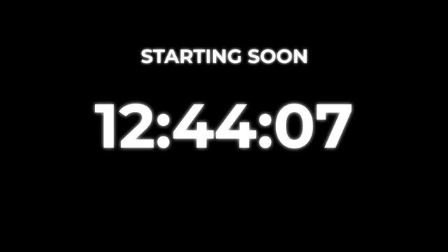 Starting soon Digital countdown clock timer in 13 hours to zero second. White text number on isolated black background. Element for overlay concept. 4K footage motion video