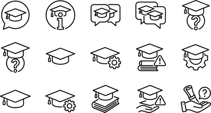 Education graduation cap icons set line outline vector minimalist university college student learning academy knowledge study school elements