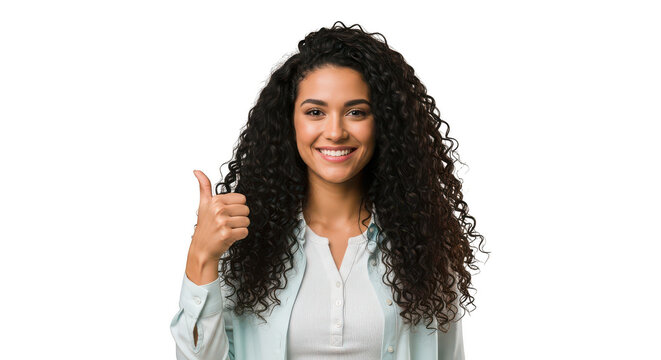 Woman giving thumbs-up with curly hair isolated on transparent background