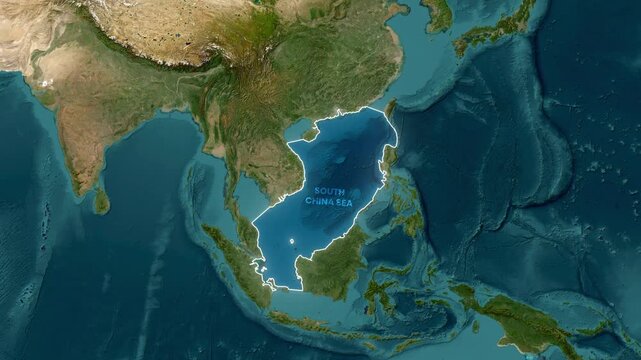 South China Sea highlighted on an animated globe showcasing geopolitical relations and maritime video footage