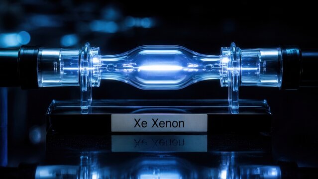 Xenon gas tube shown in laboratory setting with clear glass structure showcasing bright blue light, recorded during a science demonstration in a research facility