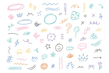 Obraz premium Hand drawn marker doodle elements and abstract arrow scribble icons. Vector illustration of colorful line star heart smiley face representing creative school journal template.