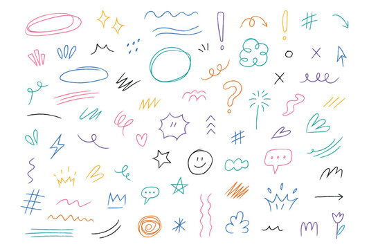 Hand drawn marker doodle elements and abstract arrow scribble icons. Vector illustration of colorful line star heart smiley face representing creative school journal template.