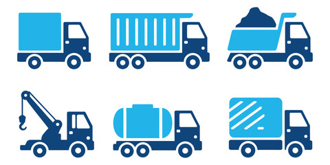 Fototapeta premium Logistics truck solid icons and commercial cargo transport glyph elements. Vector illustration of blue flat delivery dumper crane tanker representing heavy vehicle shipping template.
