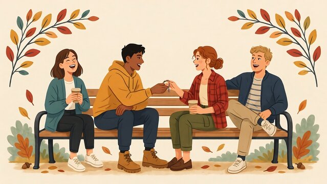 Diverse Young Friends Sharing Friendship Bracelet on Park Bench During Autumn Gathering Celebrating Connection and Trust