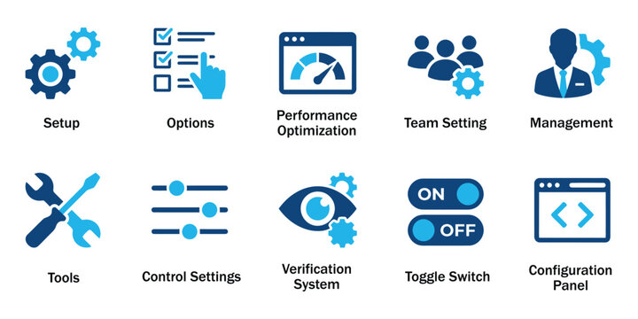 System configuration solid icons and web settings control glyph elements. Vector illustration of flat blue corporate management option tool gear switch representing development panel template.