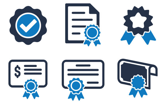 Quality assurance certification and business guarantee stamp solid icons. Vector illustration of flat blue corporate certificate degree with checkmark badge representing legal contract template.