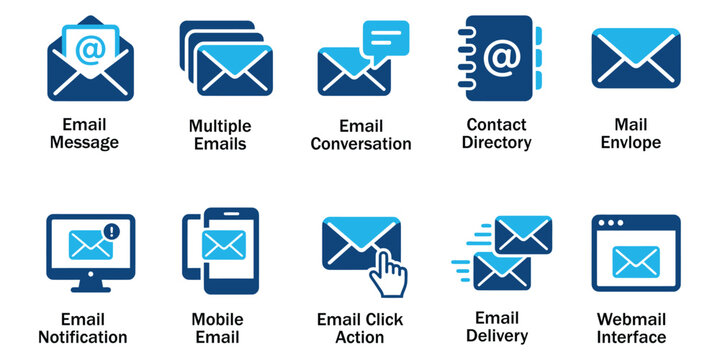 Email marketing solid icons and digital communication newsletter elements. Vector illustration of flat blue mail envelope notification with webmail interface signs representing message template.