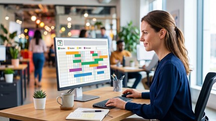 Obraz premium HR officer woman planning employee schedule on computer. Human resources management software for staff vacation and remote work tracking. Professional office workplace environment