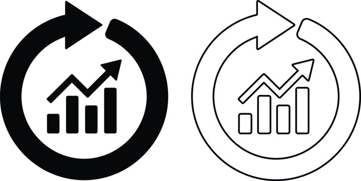 Minimalist flat vector icon set featuring a continuous business growth chart inside a circular looping arrow representing constant progress in black silhouette and linear outline.