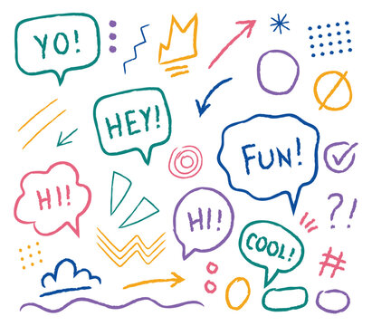 Hand drawn speech bubble elements and comic expression text icons. Vector illustration of colorful abstract cloud frame with hello fun words representing creative kid note template.