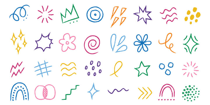 Hand drawn doodle elements and comic expression scribble icons. Vector illustration of colorful abstract lines with star flower crown representing fun kid art school template.