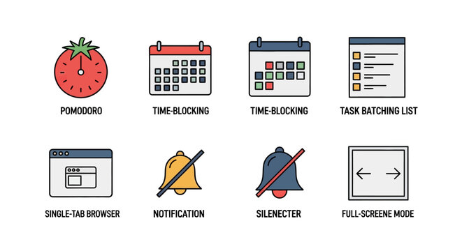 Productivity Icons: Pomodoro, Time Blocking, Task List, Browser, Notification