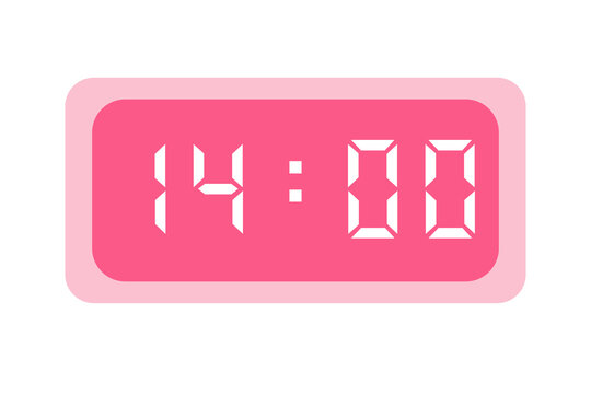 pink digital clock, showing 14:00 with white numbers on a white background