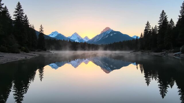 Wide landscape view of snow-capped mountain peaks at sunrise with a perfect mirror reflection on a calm alpine lake surface featuring morning mist and dense evergreen pine forest.